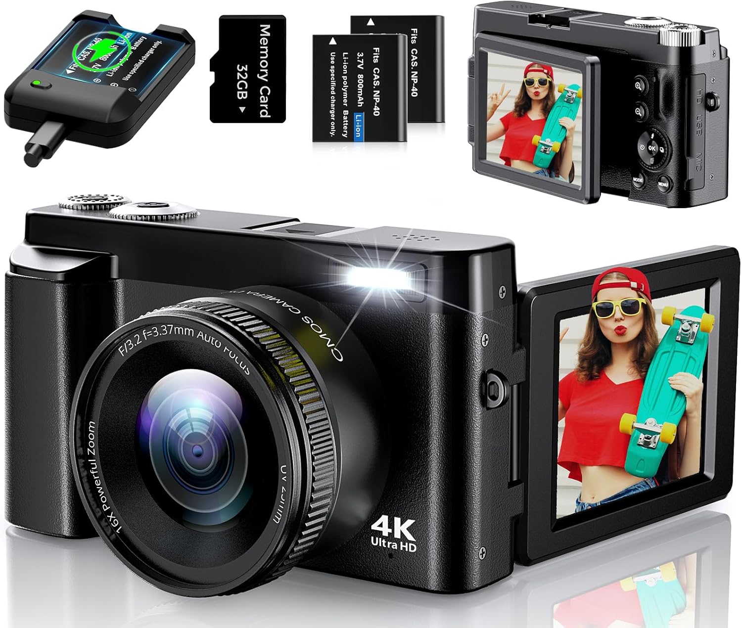 4K Digital Camera for Photography, 64MP Vlogging Camera for YouTube with 3" 180° Flip Screen, 18X Digital Zoom Point and Shoot Camara with 32GB Micro SD Card for Beginner (Black)
