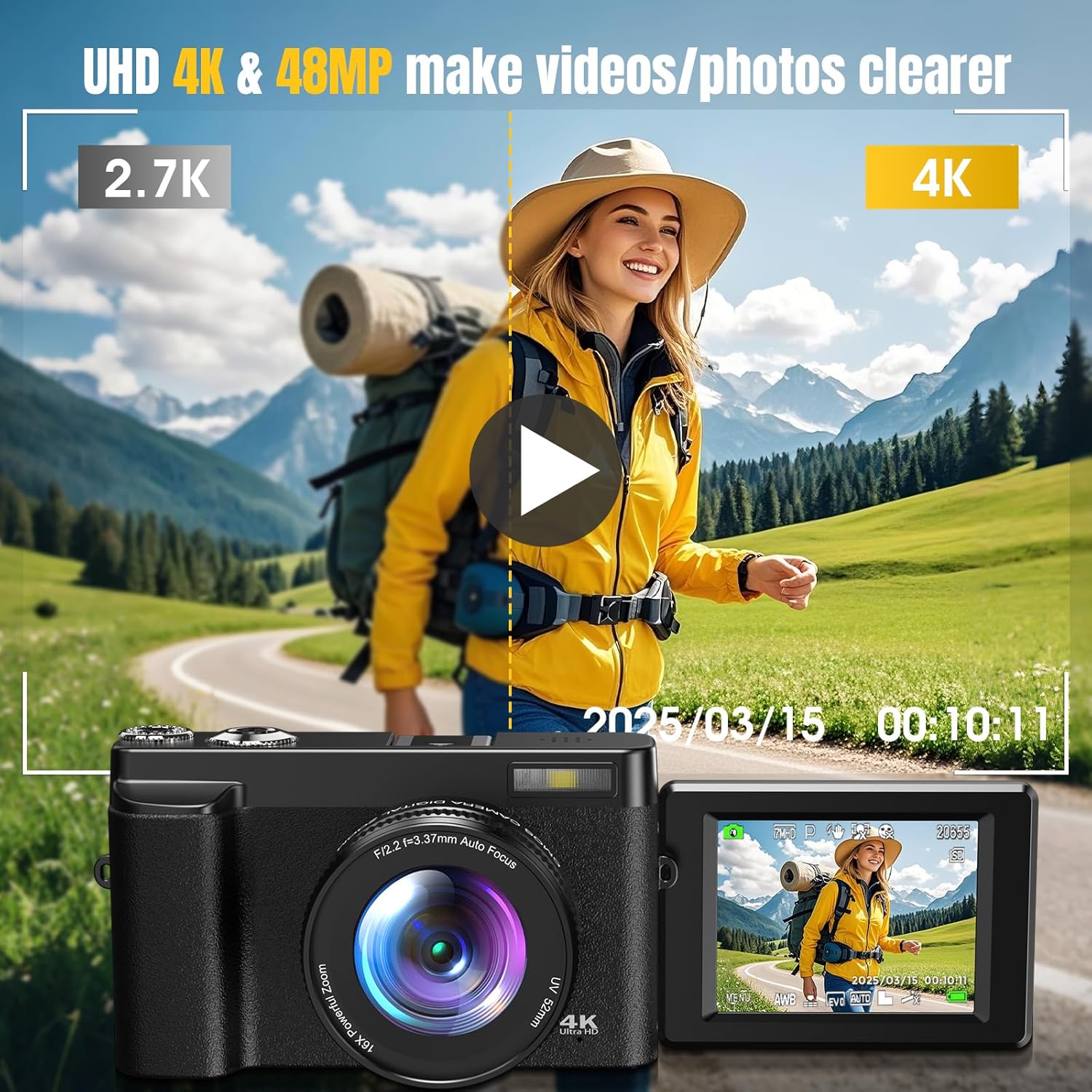 4K Digital Camera for Photography, 64MP Vlogging Camera for YouTube with 3" 180° Flip Screen, 18X Digital Zoom Point and Shoot Camara with 32GB Micro SD Card for Beginner (Black) - Image 2